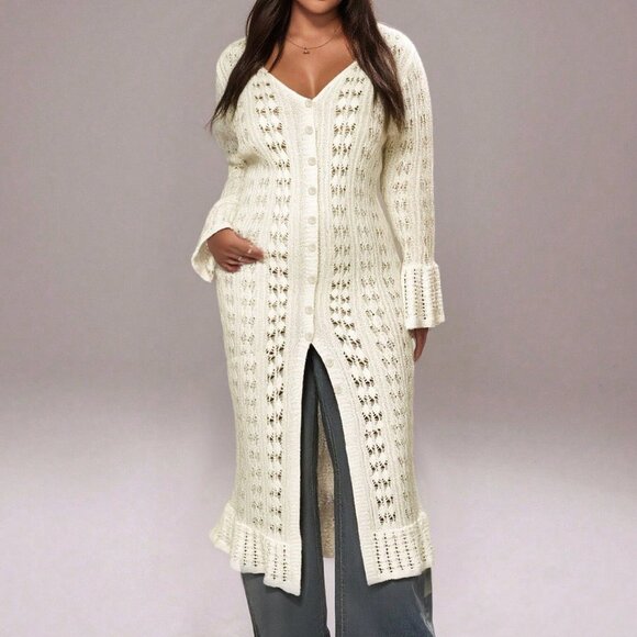 Apricot Casual Women's Long Hollow Out Knit Sweater Cardigan